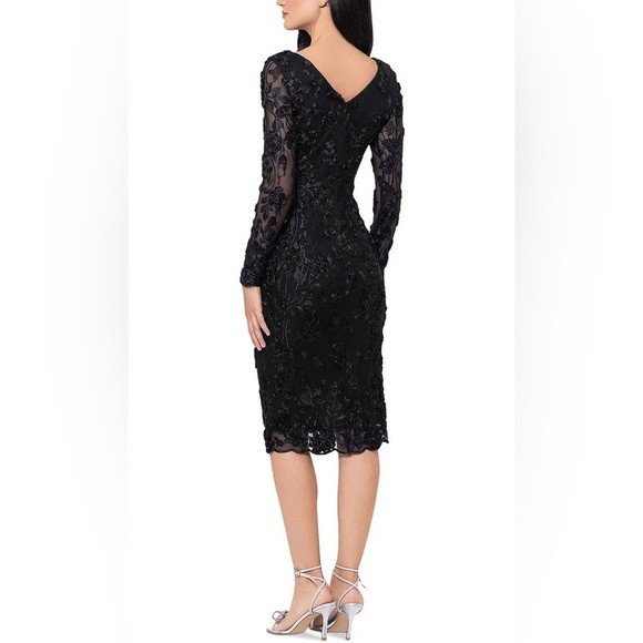 NWT AQUA Floral Embroidered Cocktail Party Dress Midi Long Sleeve Black - Picture 2 of 15